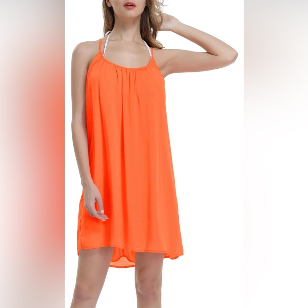 ReachMe Neon Orange Sheer Lined Mesh Back Swing Beach Dress ~ Size Small ~ NWOT - Picture 7 of 10